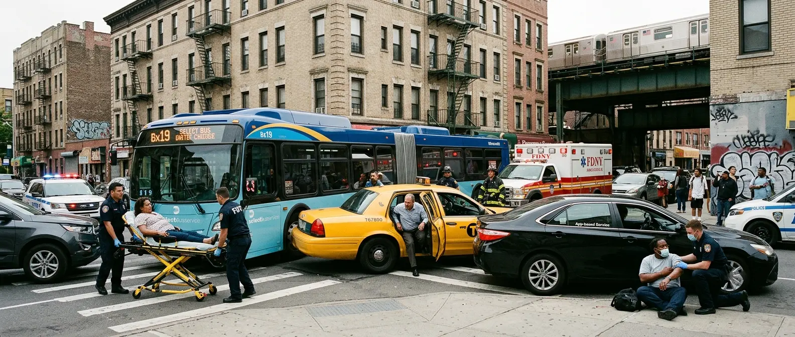 Emergency responders assisting injured passengers after a Bronx traffic collision