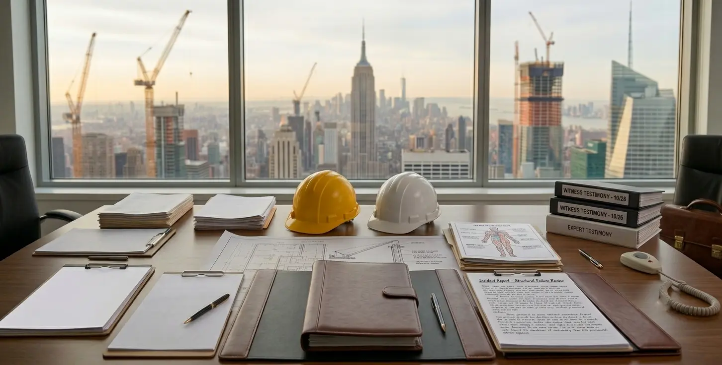 Construction workers and equipment at a Manhattan construction site
