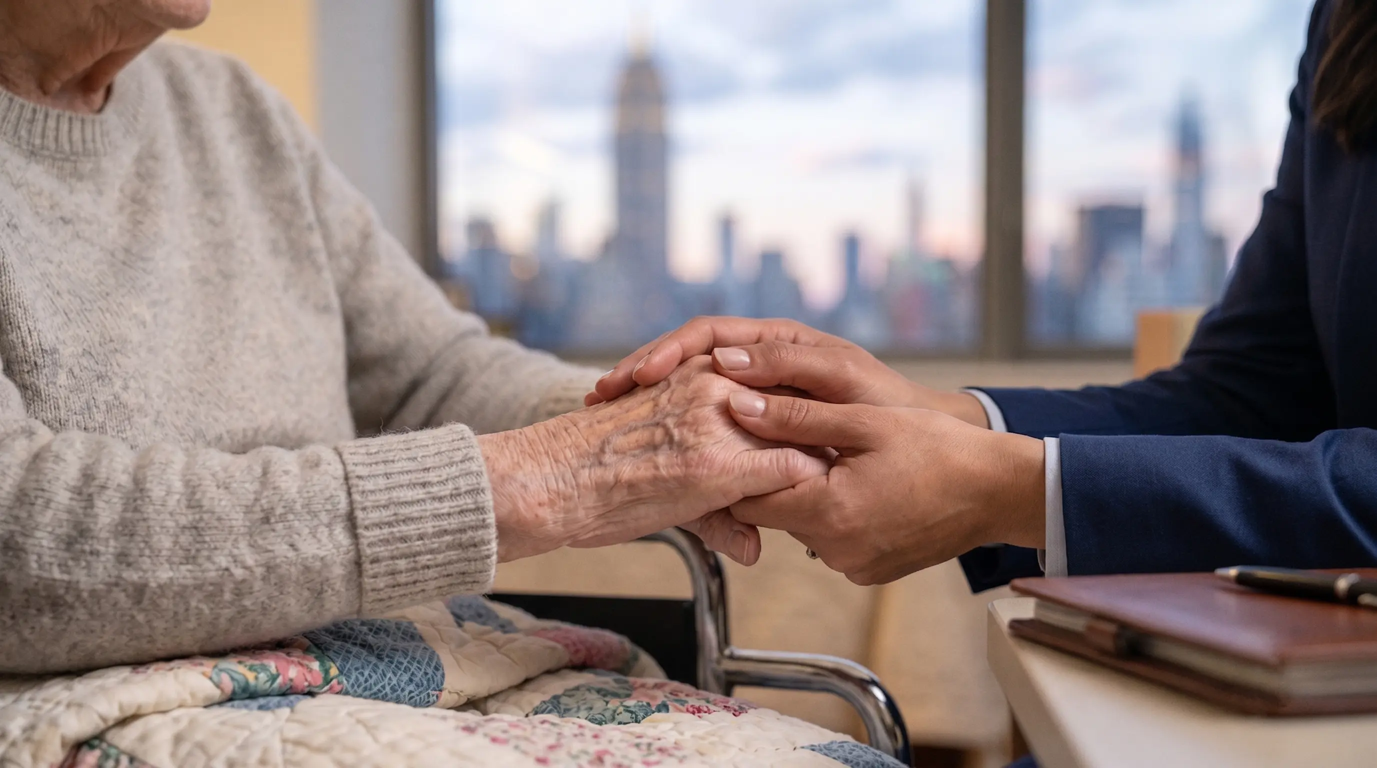 A caregiver providing attentive support to an elderly nursing home resident